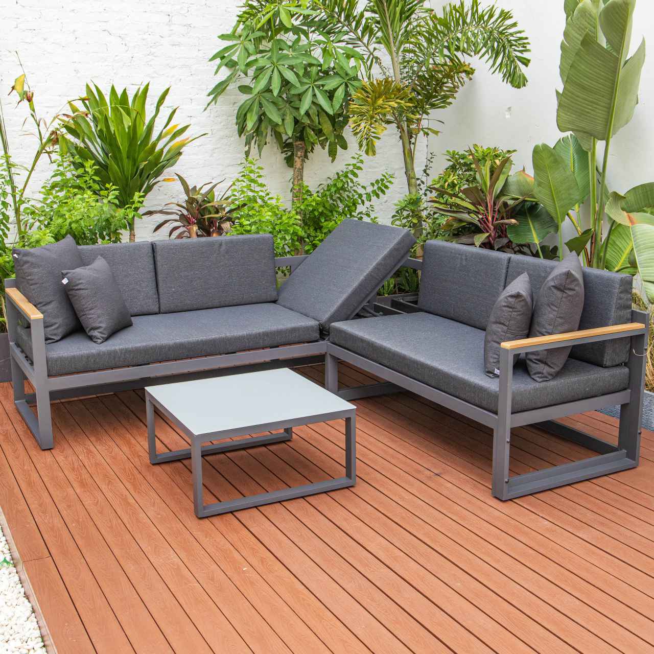 LeisureMod Chelsea Black Sectional With Adjustable Headrest & Coffee Table With Cushions | Outdoor Sofas, Loveseats & Sectionals | Modishstore - 19