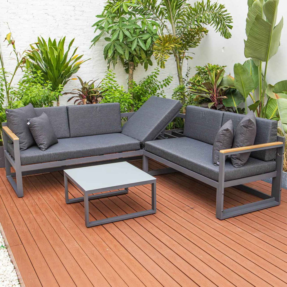 LeisureMod Chelsea Black Sectional With Adjustable Headrest & Coffee Table With Cushions | Outdoor Sofas, Loveseats & Sectionals | Modishstore - 19