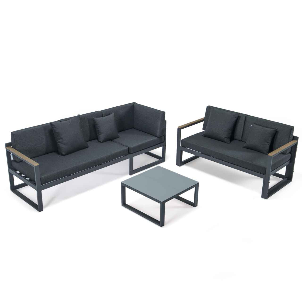 LeisureMod Chelsea Black Sectional With Adjustable Headrest & Coffee Table With Cushions | Outdoor Sofas, Loveseats & Sectionals | Modishstore - 21