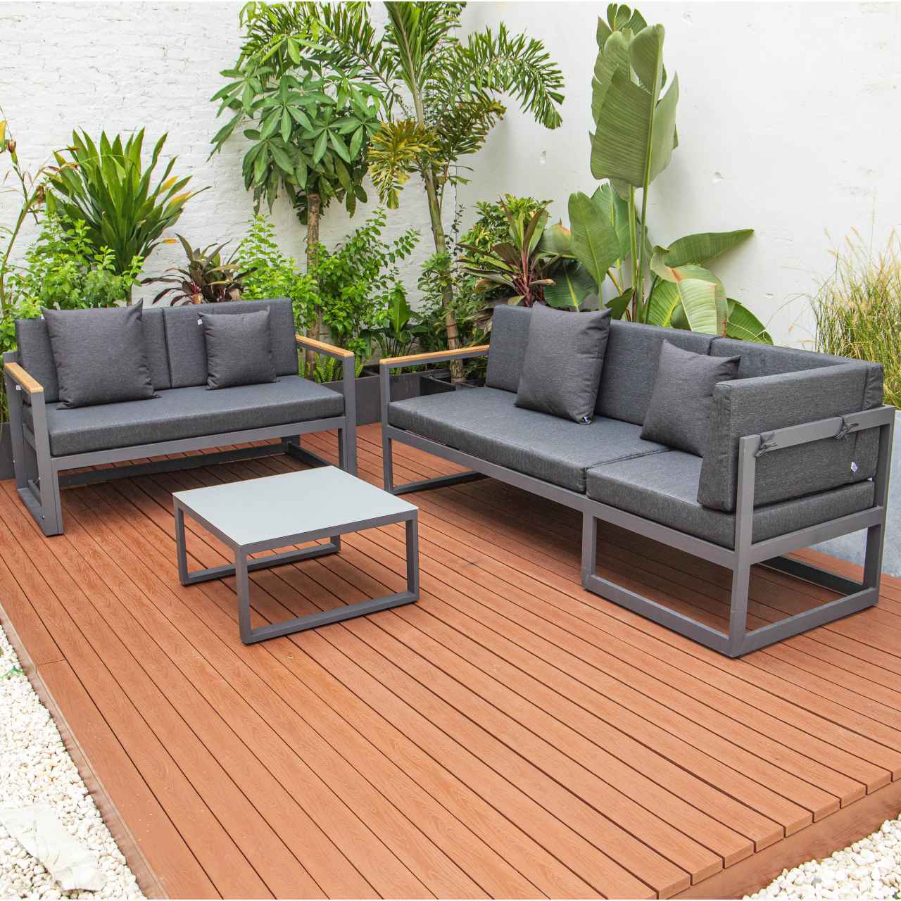 LeisureMod Chelsea Black Sectional With Adjustable Headrest & Coffee Table With Cushions | Outdoor Sofas, Loveseats & Sectionals | Modishstore - 17