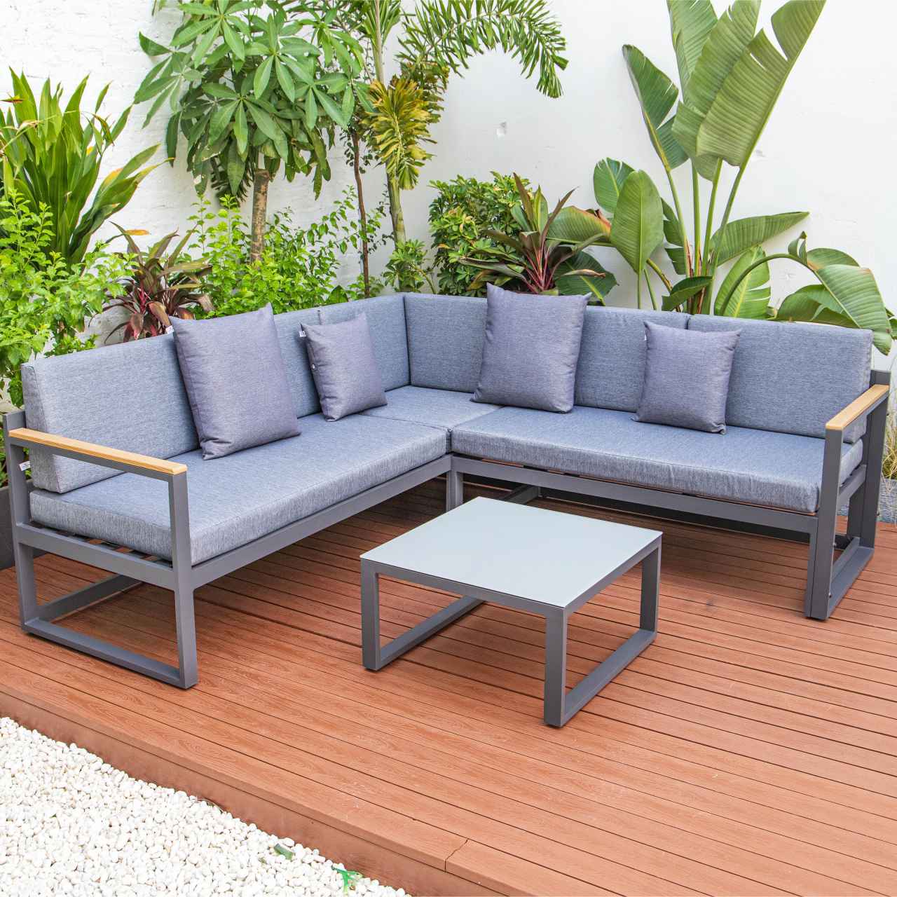 LeisureMod Chelsea Black Sectional With Adjustable Headrest & Coffee Table With Cushions | Outdoor Sofas, Loveseats & Sectionals | Modishstore - 33