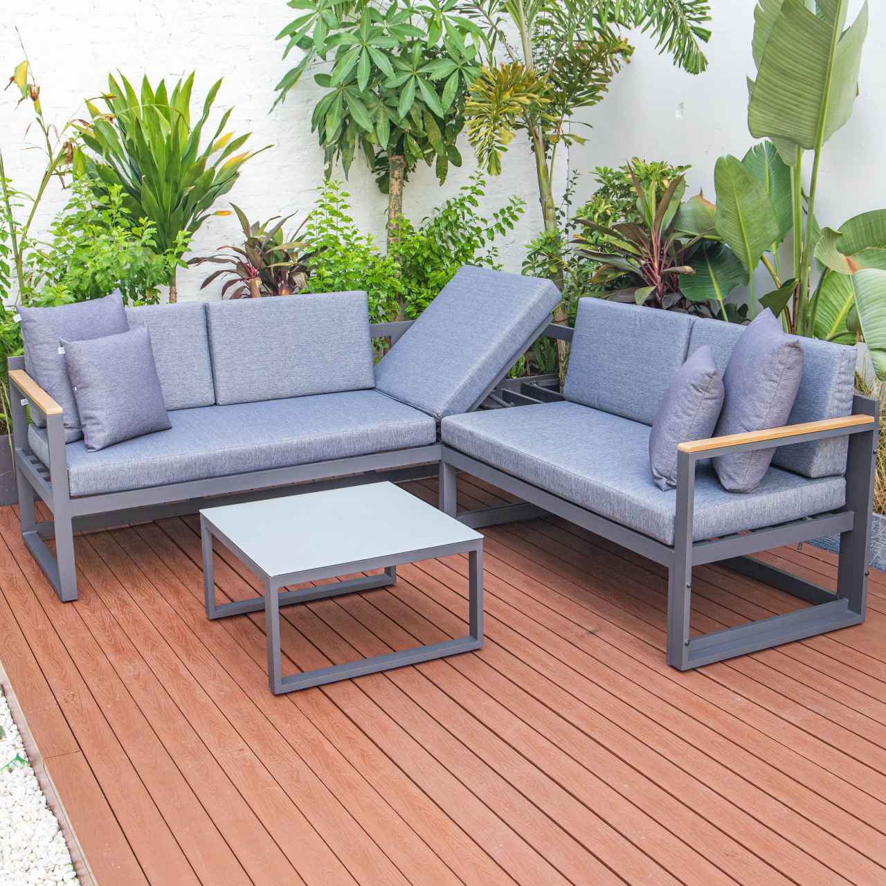 LeisureMod Chelsea Black Sectional With Adjustable Headrest & Coffee Table With Cushions | Outdoor Sofas, Loveseats & Sectionals | Modishstore - 34