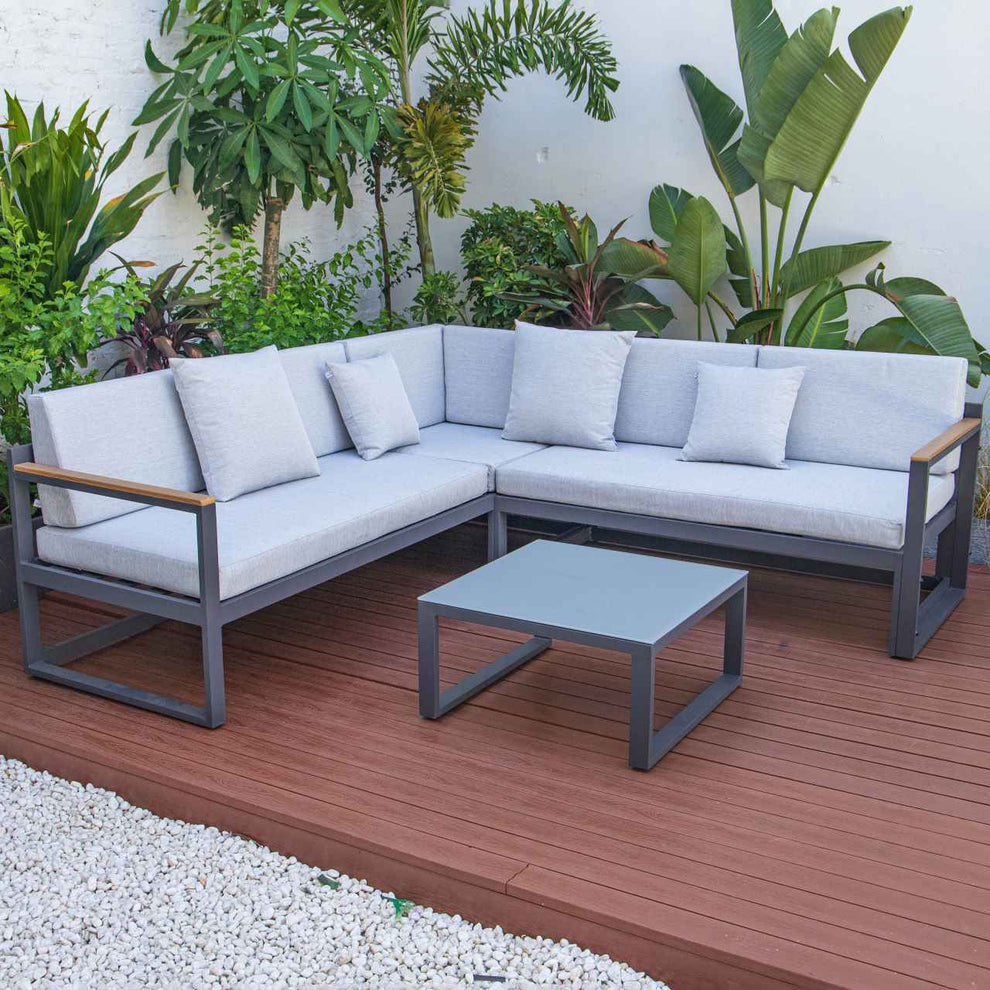 LeisureMod Chelsea Black Sectional With Adjustable Headrest & Coffee Table With Cushions | Outdoor Sofas, Loveseats & Sectionals | Modishstore - 50