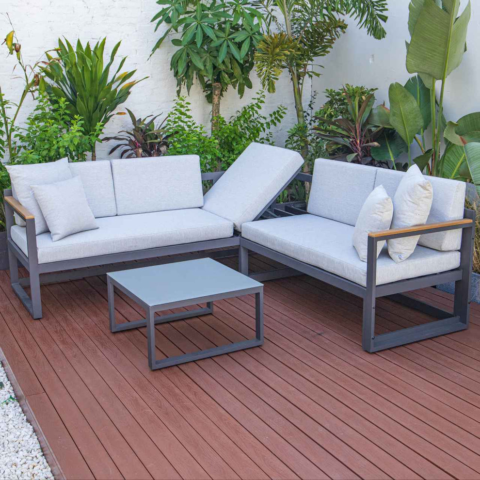 LeisureMod Chelsea Black Sectional With Adjustable Headrest & Coffee Table With Cushions | Outdoor Sofas, Loveseats & Sectionals | Modishstore - 49