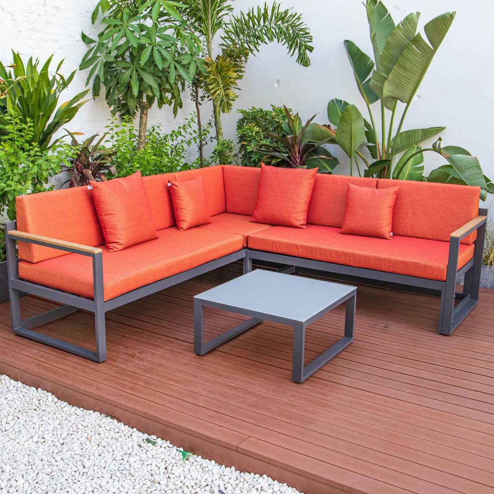 LeisureMod Chelsea Black Sectional With Adjustable Headrest & Coffee Table With Cushions | Outdoor Sofas, Loveseats & Sectionals | Modishstore - 64