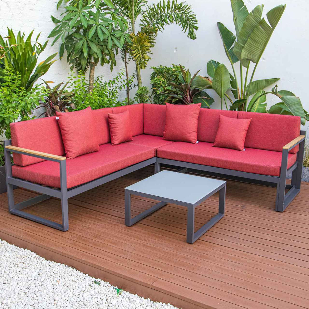 LeisureMod Chelsea Black Sectional With Adjustable Headrest & Coffee Table With Cushions | Outdoor Sofas, Loveseats & Sectionals | Modishstore - 80