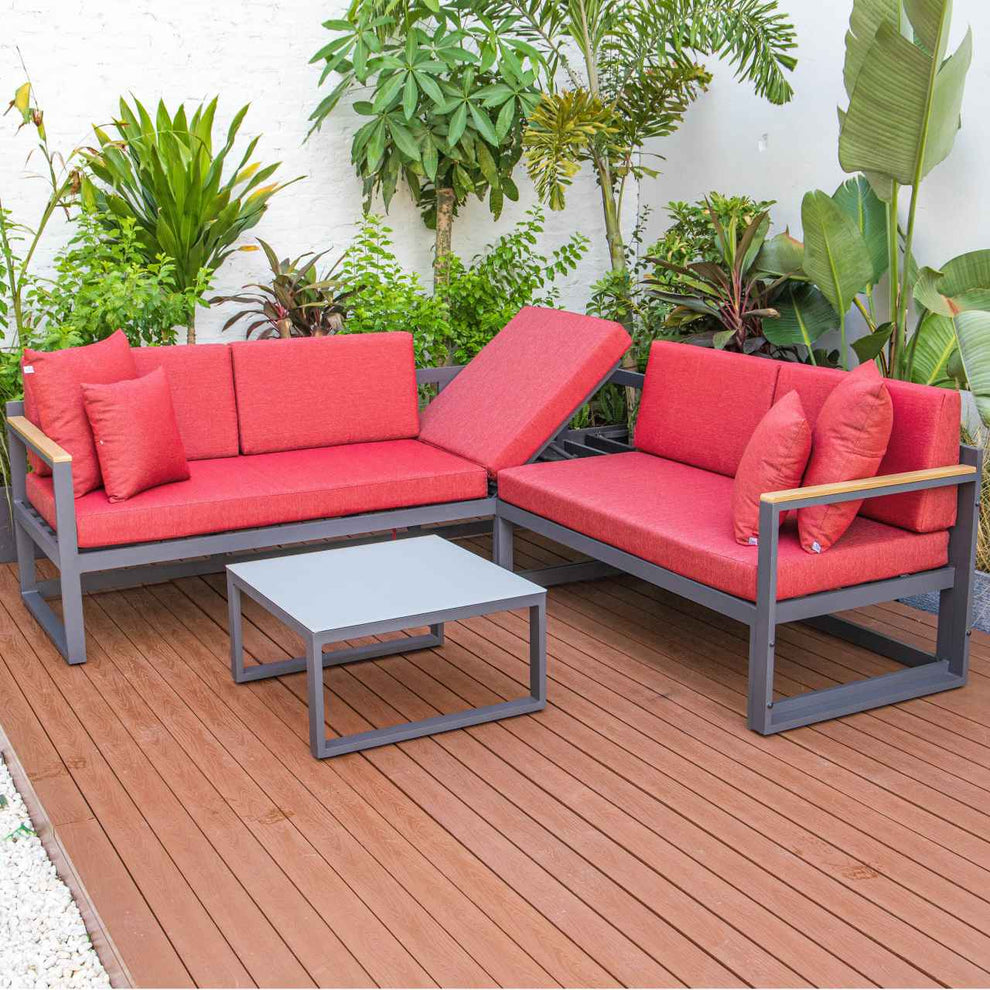 LeisureMod Chelsea Black Sectional With Adjustable Headrest & Coffee Table With Cushions | Outdoor Sofas, Loveseats & Sectionals | Modishstore - 79