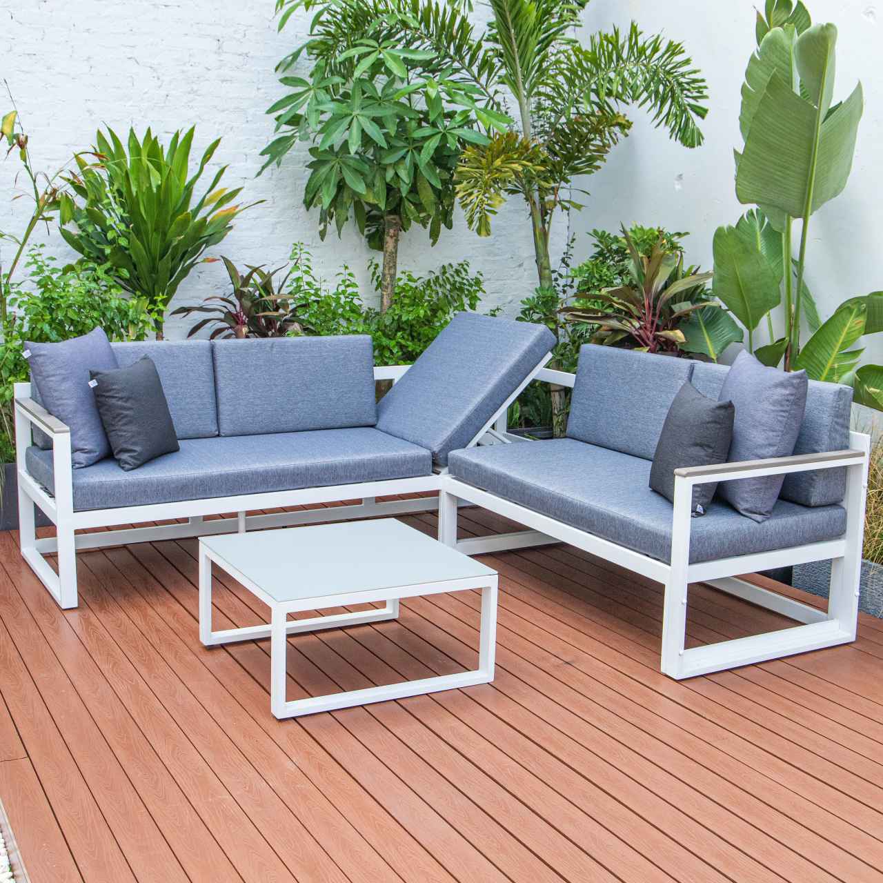 LeisureMod Chelsea White Sectional With Adjustable Headrest & Coffee Table With Two Tone Cushions | Outdoor Sofas, Loveseats & Sectionals | Modishstore - 31