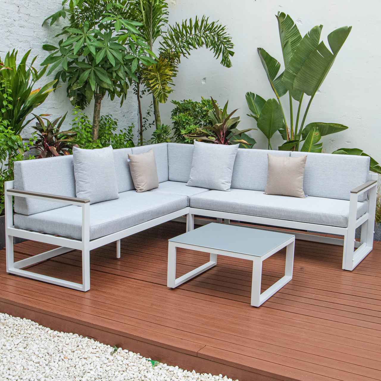 LeisureMod Chelsea White Sectional With Adjustable Headrest & Coffee Table With Two Tone Cushions | Outdoor Sofas, Loveseats & Sectionals | Modishstore - 46