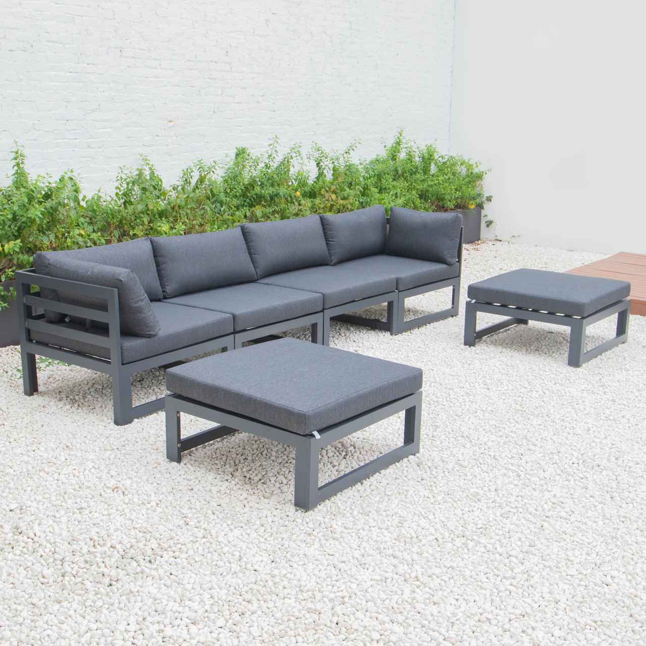 LeisureMod Chelsea 6-Piece Patio Ottoman Sectional Black Aluminum With Cushions | Outdoor Sofas, Loveseats & Sectionals | Modishstore - 8