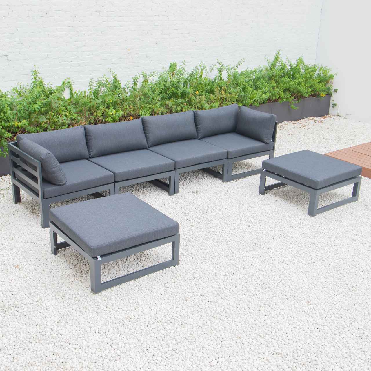 LeisureMod Chelsea 6-Piece Patio Ottoman Sectional Black Aluminum With Cushions | Outdoor Sofas, Loveseats & Sectionals | Modishstore - 9