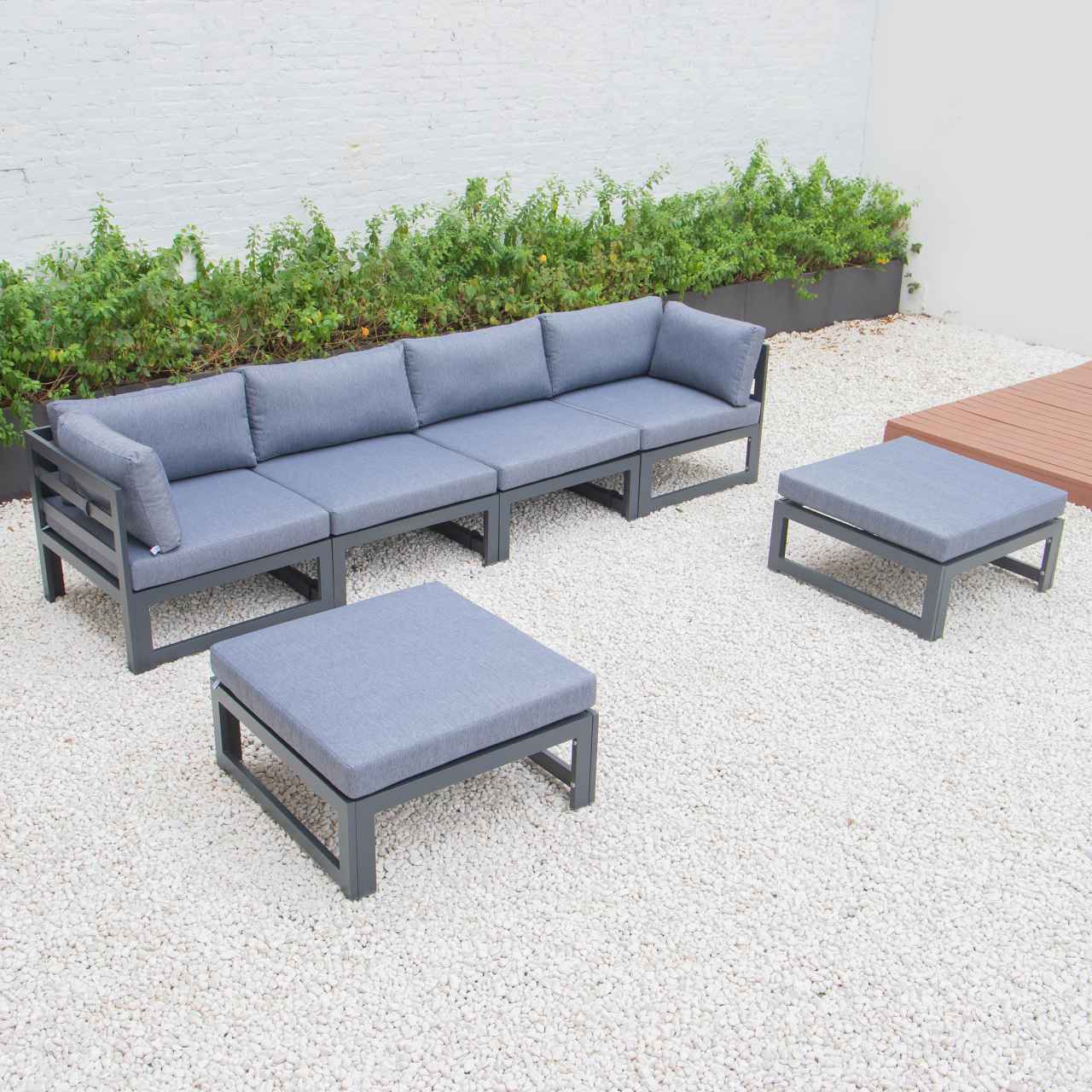 LeisureMod Chelsea 6-Piece Patio Ottoman Sectional Black Aluminum With Cushions | Outdoor Sofas, Loveseats & Sectionals | Modishstore - 15