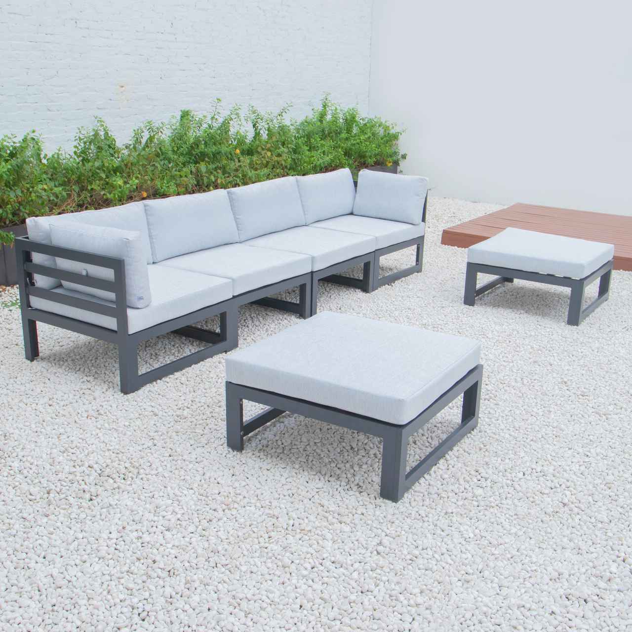 LeisureMod Chelsea 6-Piece Patio Ottoman Sectional Black Aluminum With Cushions | Outdoor Sofas, Loveseats & Sectionals | Modishstore - 20