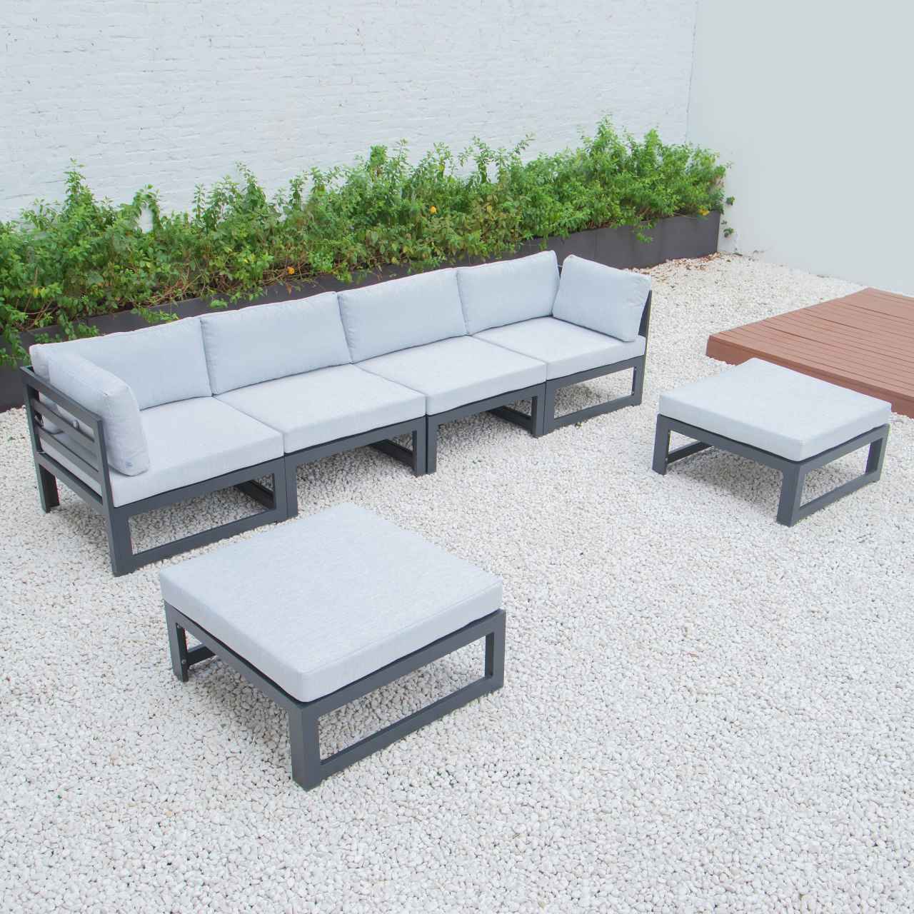 LeisureMod Chelsea 6-Piece Patio Ottoman Sectional Black Aluminum With Cushions | Outdoor Sofas, Loveseats & Sectionals | Modishstore - 21