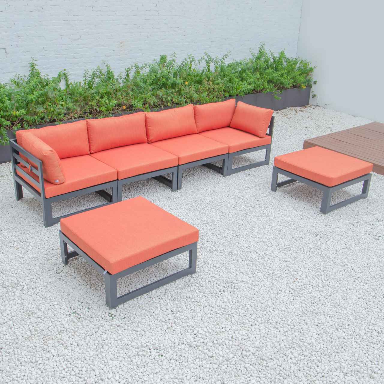 LeisureMod Chelsea 6-Piece Patio Ottoman Sectional Black Aluminum With Cushions | Outdoor Sofas, Loveseats & Sectionals | Modishstore - 27