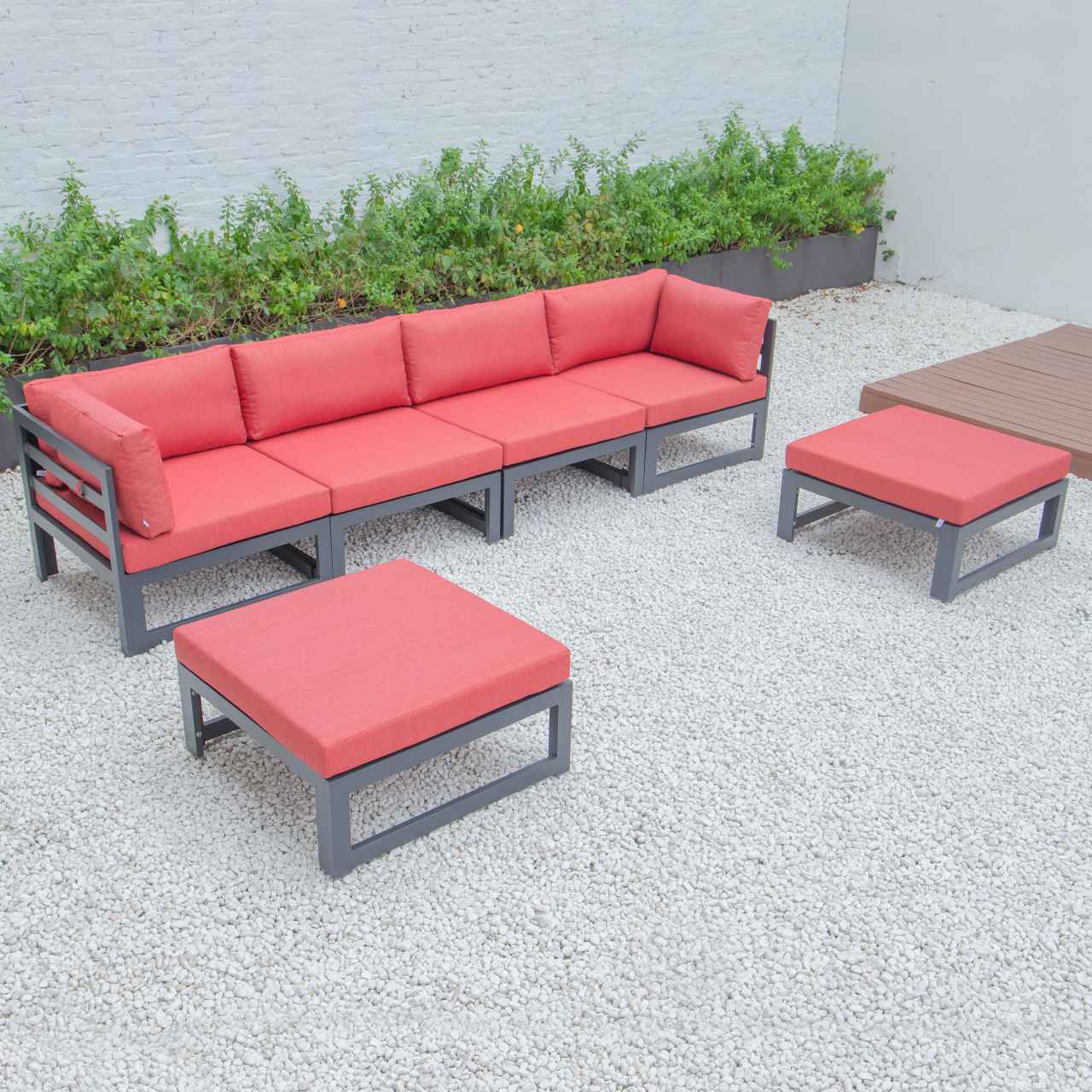 LeisureMod Chelsea 6-Piece Patio Ottoman Sectional Black Aluminum With Cushions | Outdoor Sofas, Loveseats & Sectionals | Modishstore - 33