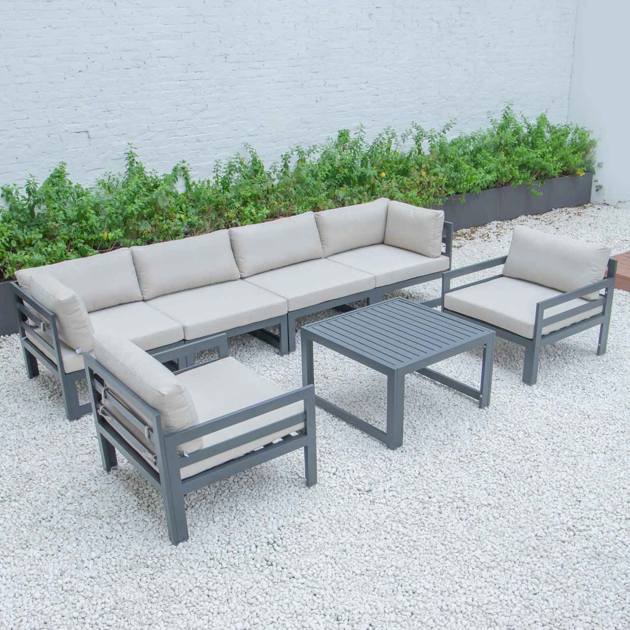LeisureMod Chelsea 7-Piece Patio Armchair Sectional And Coffee Table Set Black Aluminum With Cushions | Outdoor Sofas, Loveseats & Sectionals | Modishstore - 2