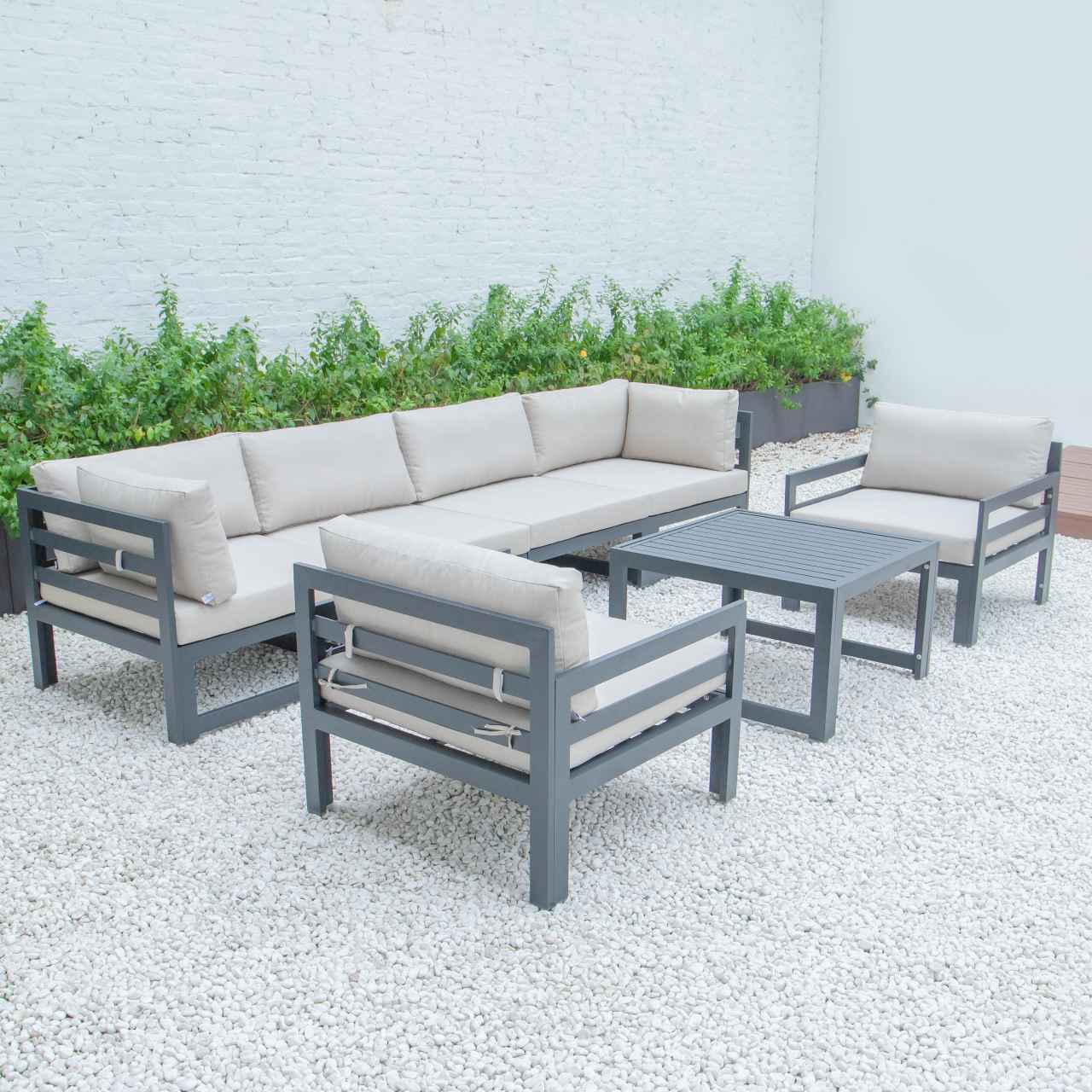 LeisureMod Chelsea 7-Piece Patio Armchair Sectional And Coffee Table Set Black Aluminum With Cushions | Outdoor Sofas, Loveseats & Sectionals | Modishstore - 3