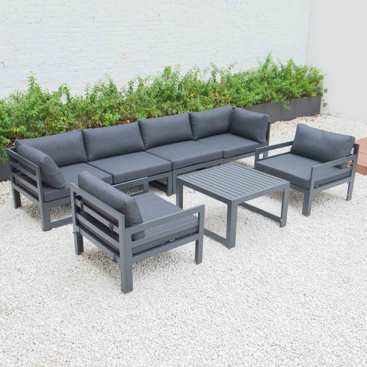 LeisureMod Chelsea 7-Piece Patio Armchair Sectional And Coffee Table Set Black Aluminum With Cushions | Outdoor Sofas, Loveseats & Sectionals | Modishstore - 9