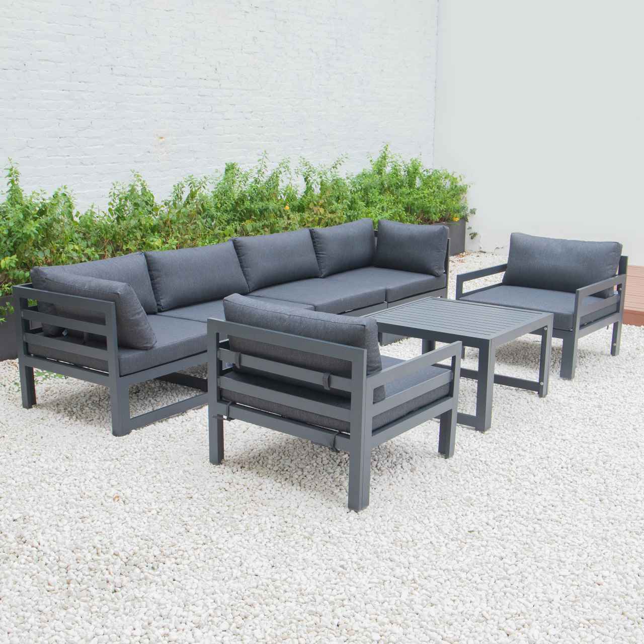 LeisureMod Chelsea 7-Piece Patio Armchair Sectional And Coffee Table Set Black Aluminum With Cushions | Outdoor Sofas, Loveseats & Sectionals | Modishstore - 10