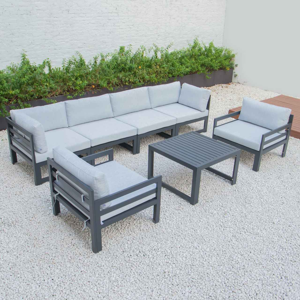 LeisureMod Chelsea 7-Piece Patio Armchair Sectional And Coffee Table Set Black Aluminum With Cushions | Outdoor Sofas, Loveseats & Sectionals | Modishstore - 23