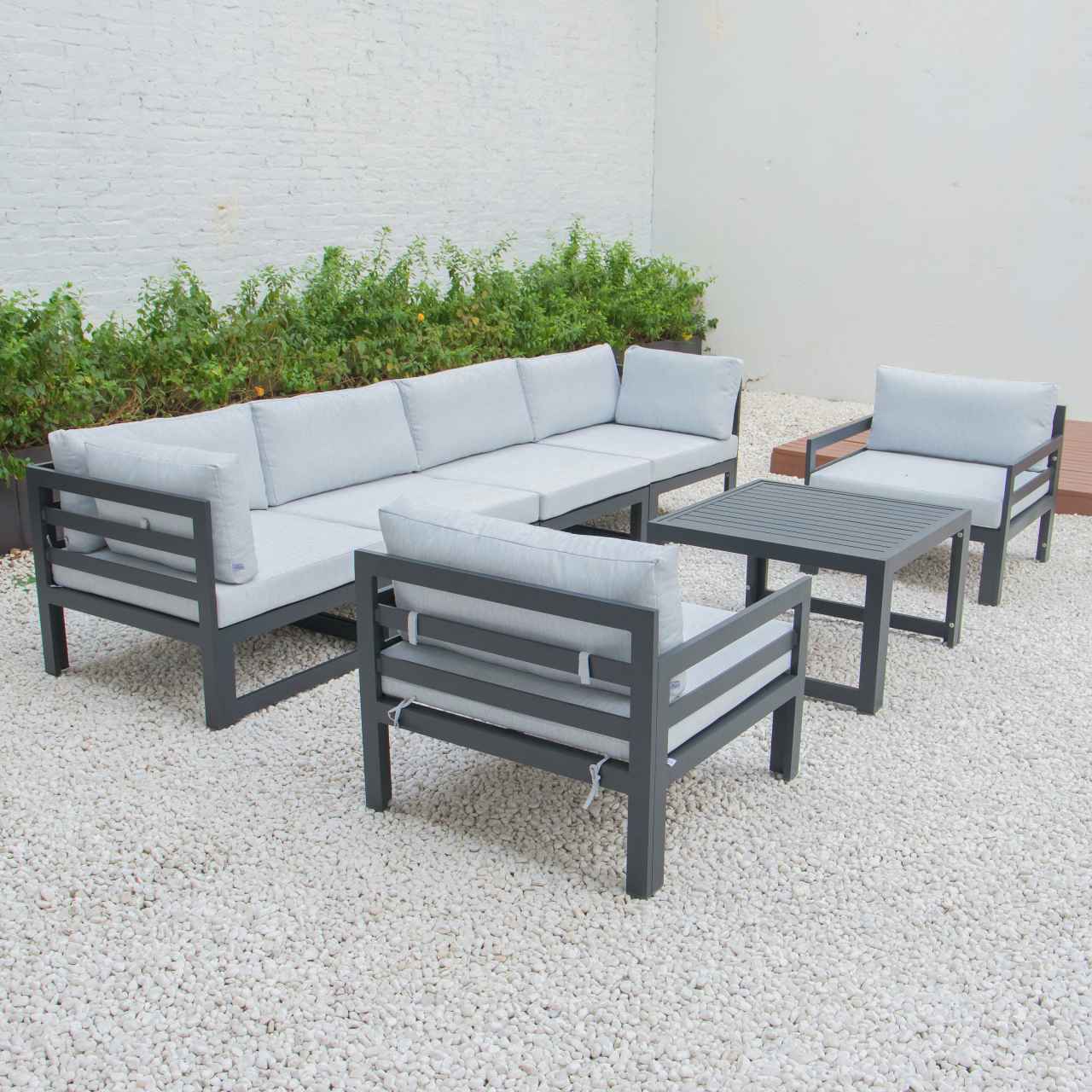 LeisureMod Chelsea 7-Piece Patio Armchair Sectional And Coffee Table Set Black Aluminum With Cushions | Outdoor Sofas, Loveseats & Sectionals | Modishstore - 24
