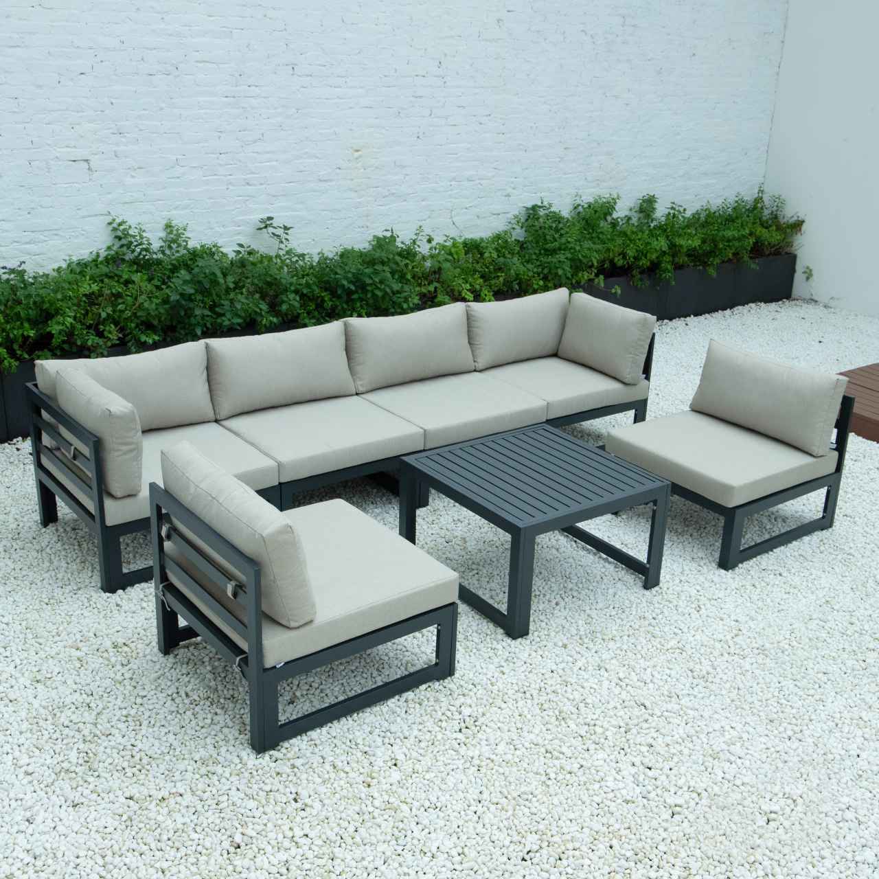 LeisureMod Chelsea 7-Piece Patio Sectional And Coffee Table Set Black Aluminum With Cushions | Outdoor Sofas, Loveseats & Sectionals | Modishstore - 4