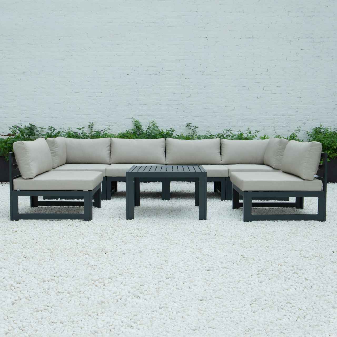 LeisureMod Chelsea 7-Piece Patio Sectional And Coffee Table Set Black Aluminum With Cushions | Outdoor Sofas, Loveseats & Sectionals | Modishstore