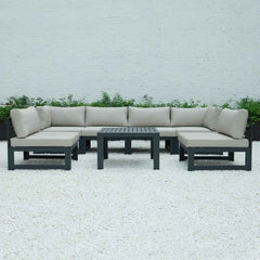 LeisureMod Chelsea 7-Piece Patio Sectional And Coffee Table Set Black Aluminum With Cushions