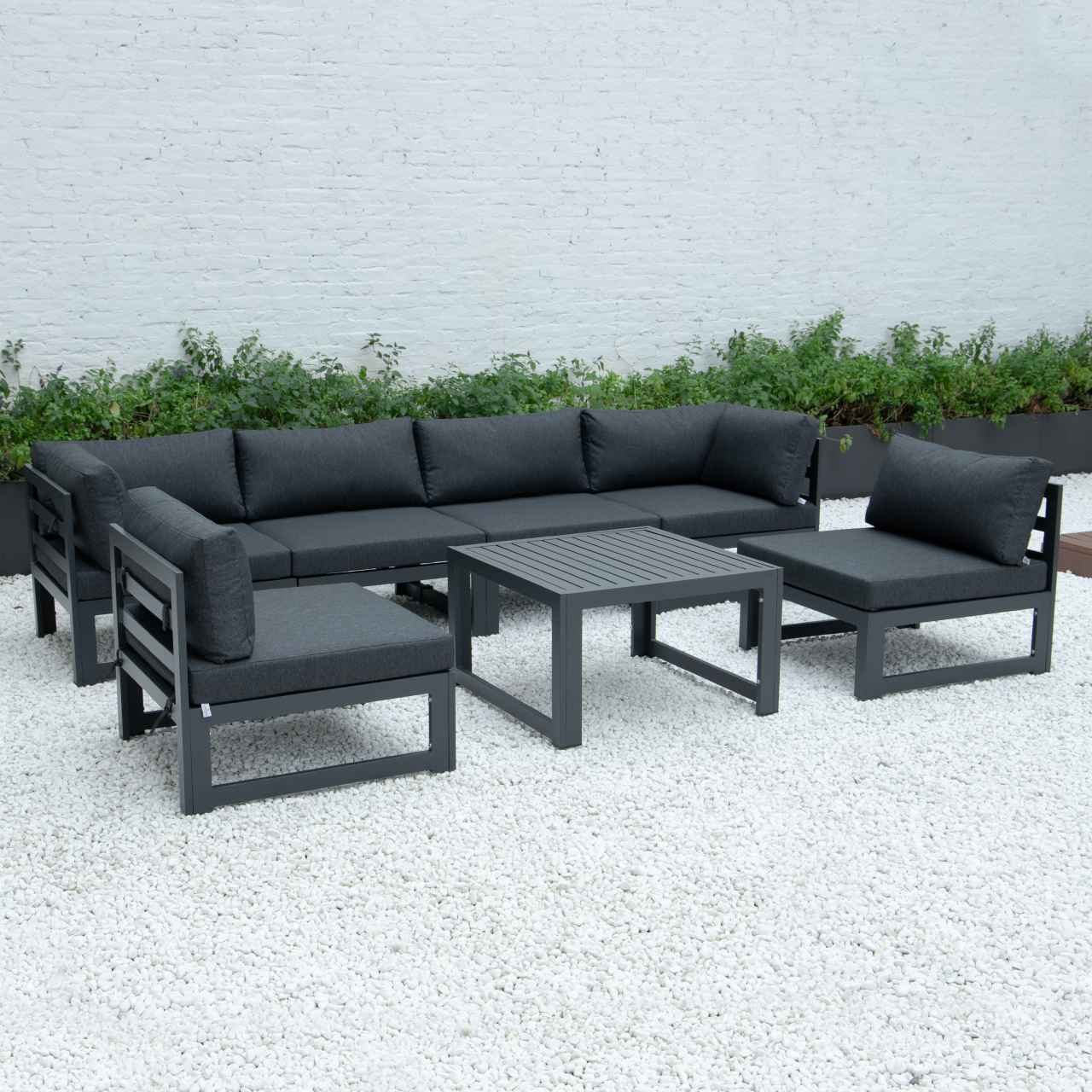LeisureMod Chelsea 7-Piece Patio Sectional And Coffee Table Set Black Aluminum With Cushions | Outdoor Sofas, Loveseats & Sectionals | Modishstore - 12