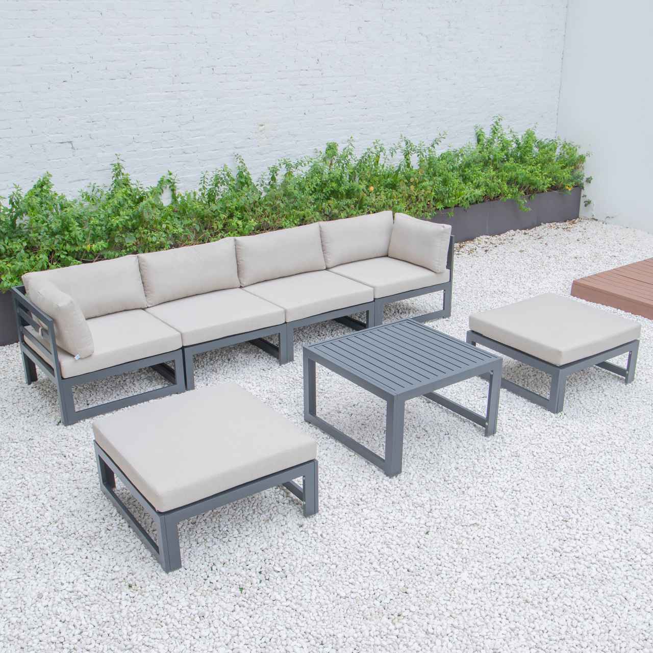 LeisureMod Chelsea 7-Piece Patio Ottoman Sectional And Coffee Table Set Black Aluminum With Cushions | Outdoor Sofas, Loveseats & Sectionals | Modishstore - 3