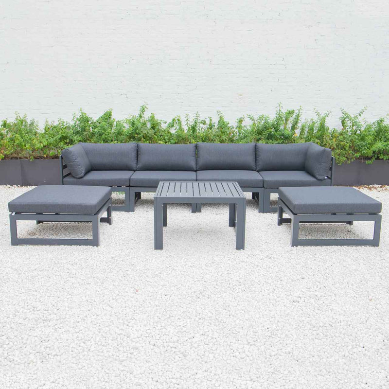 LeisureMod Chelsea 7-Piece Patio Ottoman Sectional And Coffee Table Set Black Aluminum With Cushions | Outdoor Sofas, Loveseats & Sectionals | Modishstore - 10