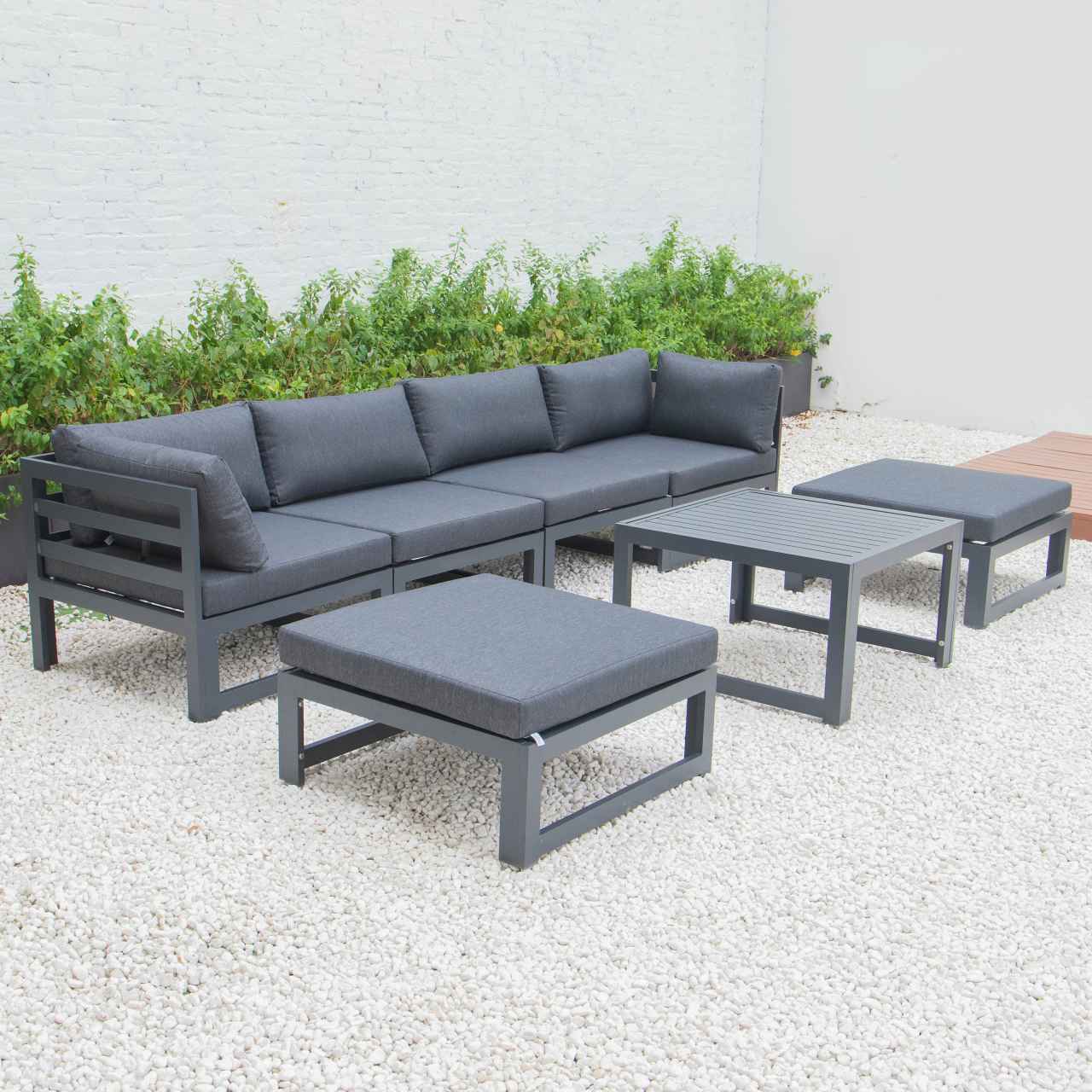 LeisureMod Chelsea 7-Piece Patio Ottoman Sectional And Coffee Table Set Black Aluminum With Cushions | Outdoor Sofas, Loveseats & Sectionals | Modishstore - 9
