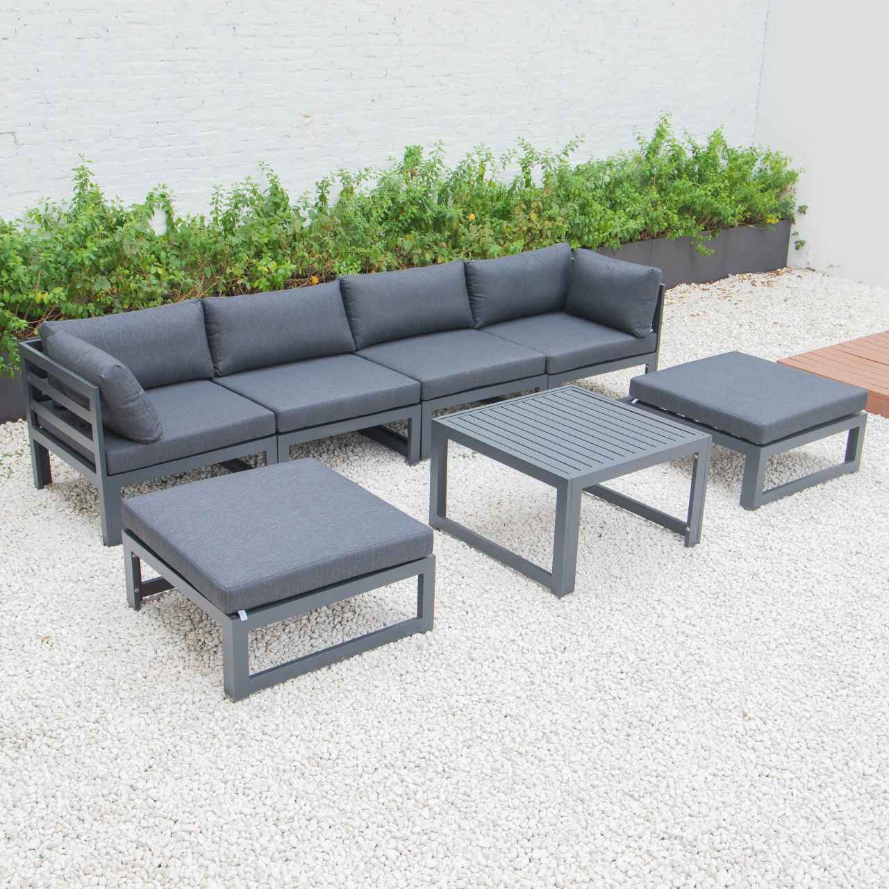 LeisureMod Chelsea 7-Piece Patio Ottoman Sectional And Coffee Table Set Black Aluminum With Cushions | Outdoor Sofas, Loveseats & Sectionals | Modishstore - 8