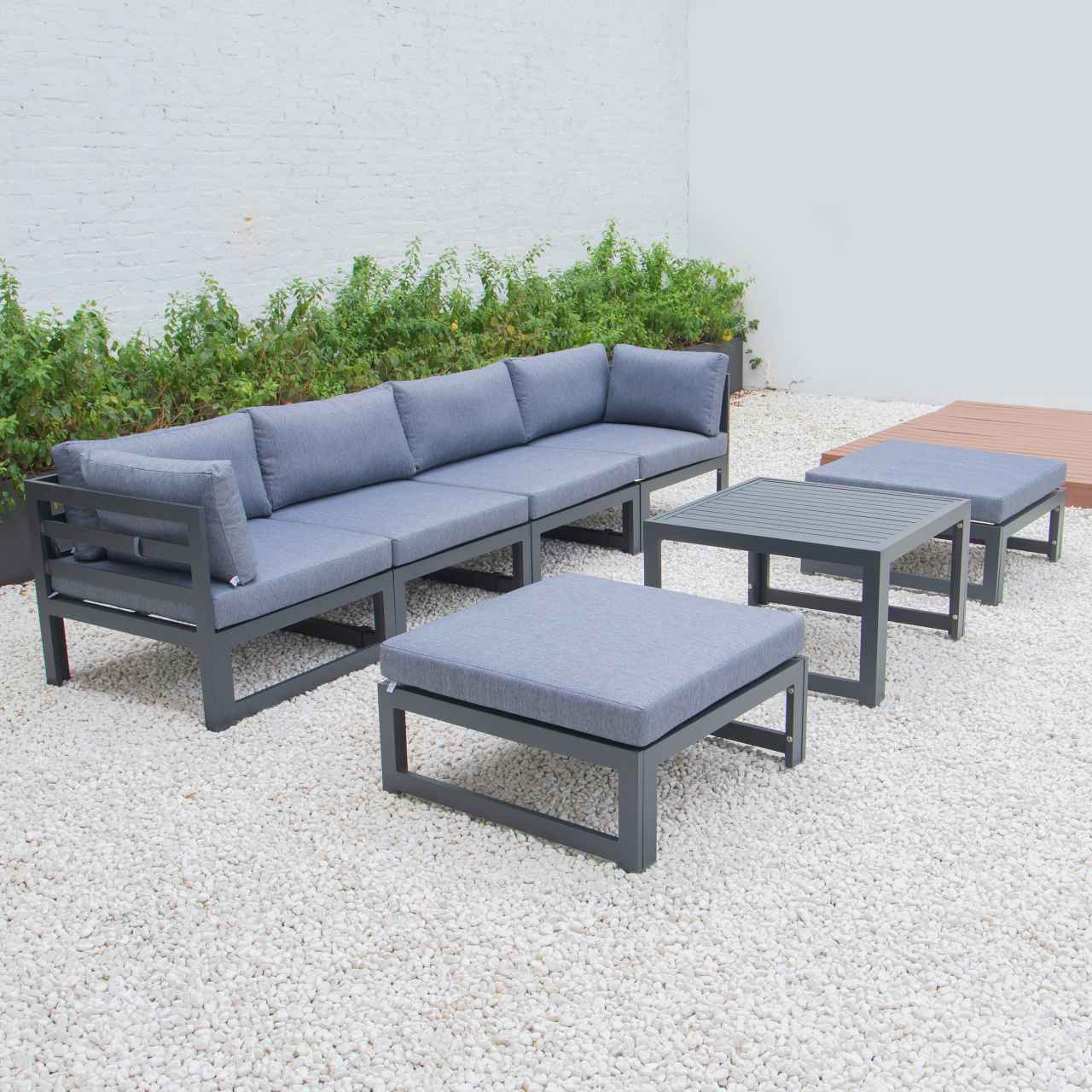 LeisureMod Chelsea 7-Piece Patio Ottoman Sectional And Coffee Table Set Black Aluminum With Cushions | Outdoor Sofas, Loveseats & Sectionals | Modishstore - 17