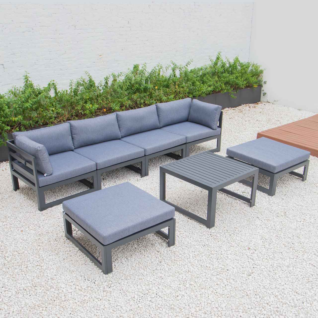 LeisureMod Chelsea 7-Piece Patio Ottoman Sectional And Coffee Table Set Black Aluminum With Cushions | Outdoor Sofas, Loveseats & Sectionals | Modishstore - 15