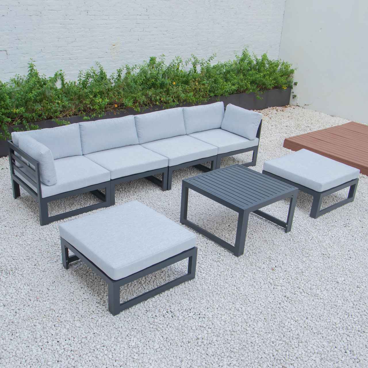 LeisureMod Chelsea 7-Piece Patio Ottoman Sectional And Coffee Table Set Black Aluminum With Cushions | Outdoor Sofas, Loveseats & Sectionals | Modishstore - 22