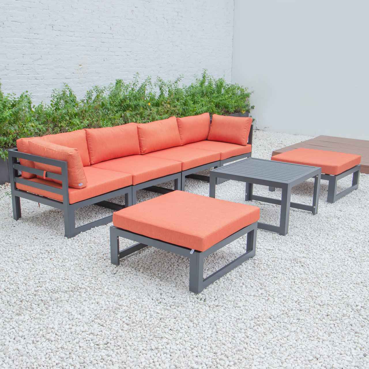 LeisureMod Chelsea 7-Piece Patio Ottoman Sectional And Coffee Table Set Black Aluminum With Cushions | Outdoor Sofas, Loveseats & Sectionals | Modishstore - 31