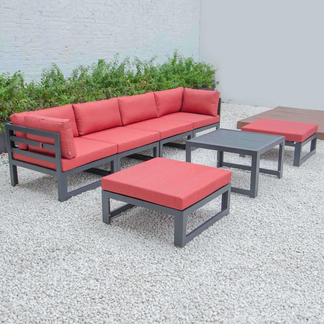 LeisureMod Chelsea 7-Piece Patio Ottoman Sectional And Coffee Table Set Black Aluminum With Cushions | Outdoor Sofas, Loveseats & Sectionals | Modishstore - 37