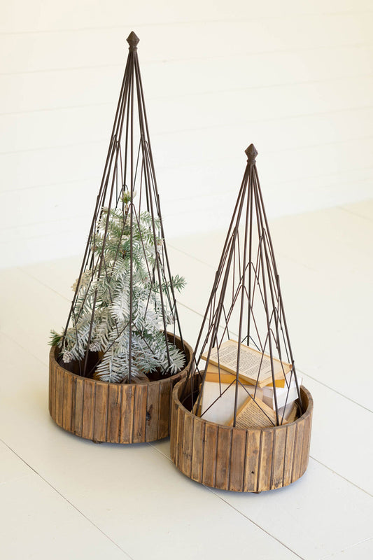 Set Of Two Metal Topiaries With Recycled Wood Bases By Kalalou | Christmas Trees | Modishstore