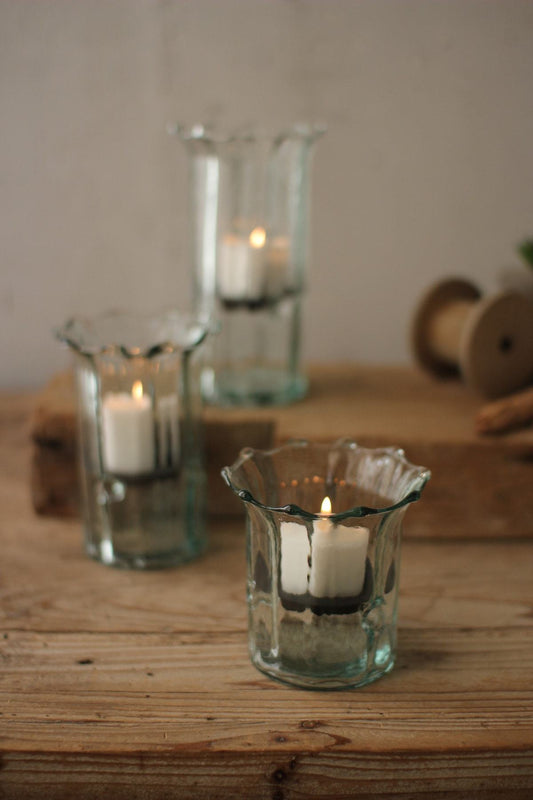 Kalalou Set Of 3 Recycled Glass Ribbed Votive Cylinders | Modishstore | Candle Holders