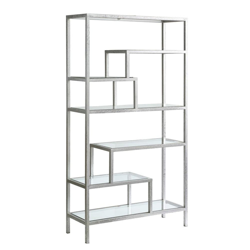 Crestview Collection Hollywood Dabbed Silver Leaf and Beveled Glass Offset Etagere | Shelves & Shelving Units | Modishstore