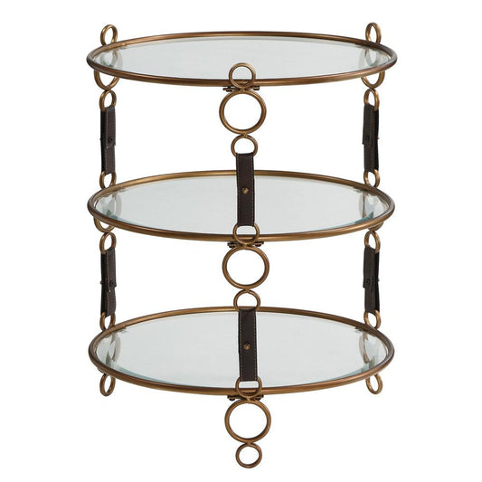 Crestview Collection Winchester Antique Gold and Leather Strap 3 Tier Glass Accent Table | Accent Tables | Modishstore