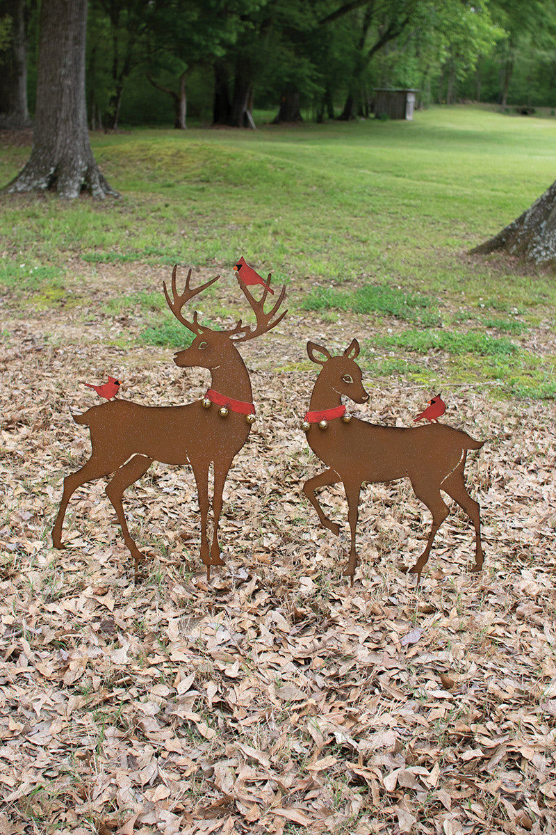 Rustic Reindeer Yard Art With Red Birds Set Of 2 By Kalalou | Modishstore | Garden Sculptures & Statues