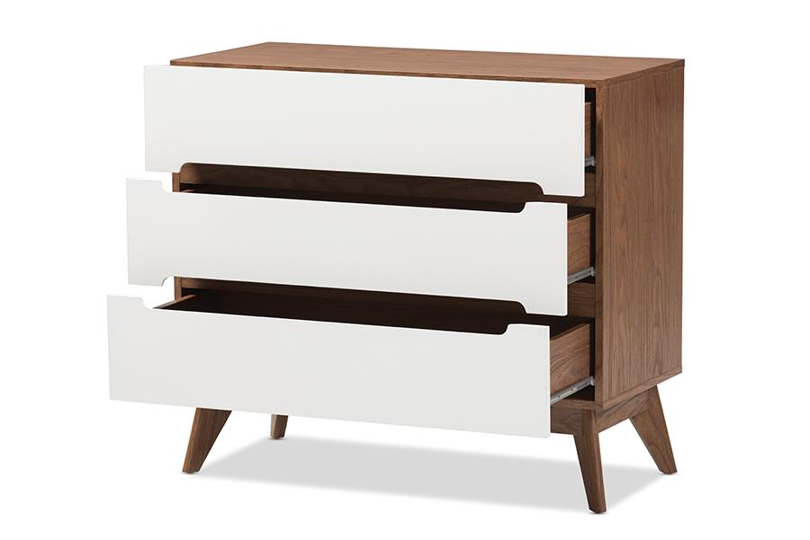 baxton studio calypso mid century modern white and walnut wood 3 drawer storage chest | Modish Furniture Store-2