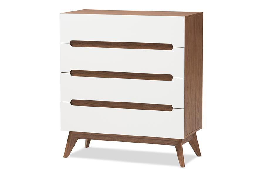 baxton studio calypso mid century modern white and walnut wood 4 drawer storage chest | Modish Furniture Store-2
