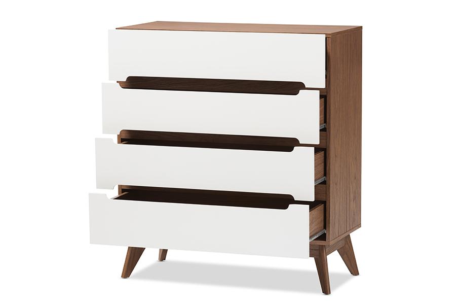 baxton studio calypso mid century modern white and walnut wood 4 drawer storage chest | Modish Furniture Store-3