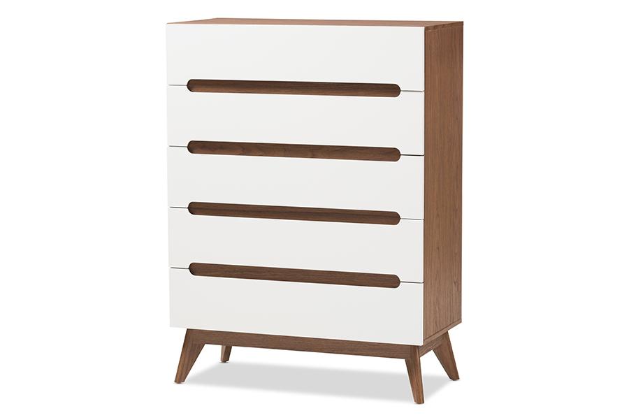 baxton studio calypso mid century modern white and walnut wood 5 drawer storage chest | Modish Furniture Store-3