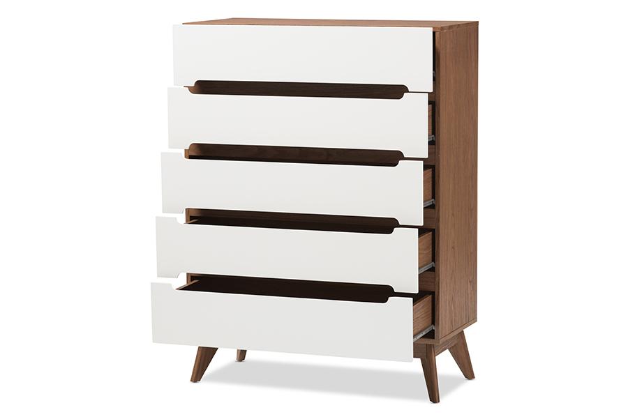 baxton studio calypso mid century modern white and walnut wood 5 drawer storage chest | Modish Furniture Store-2
