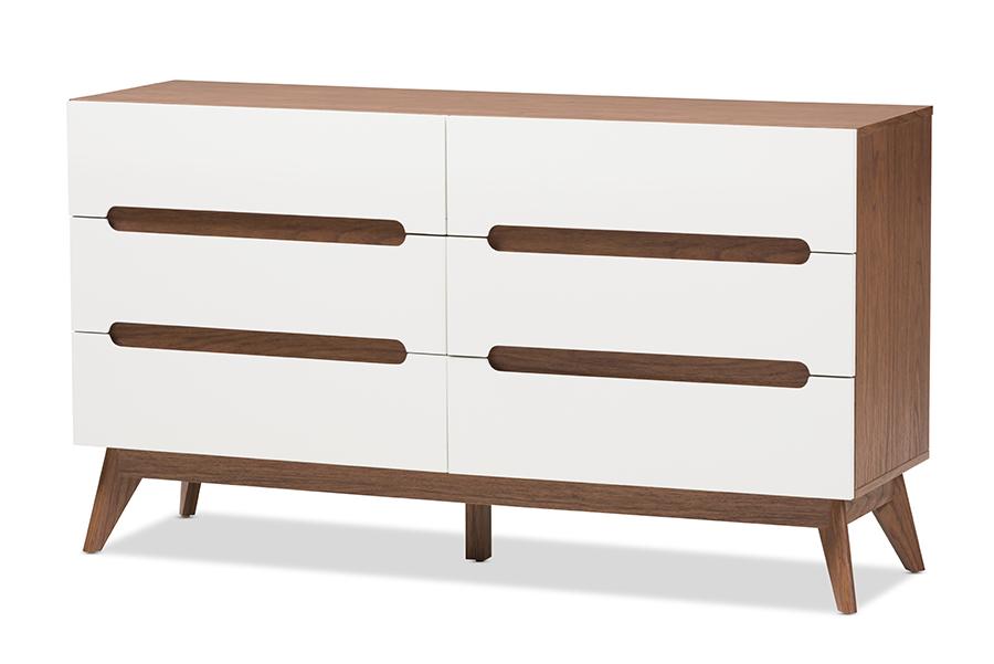 baxton studio calypso mid century modern white and walnut wood 6 drawer storage dresser | Modish Furniture Store-2